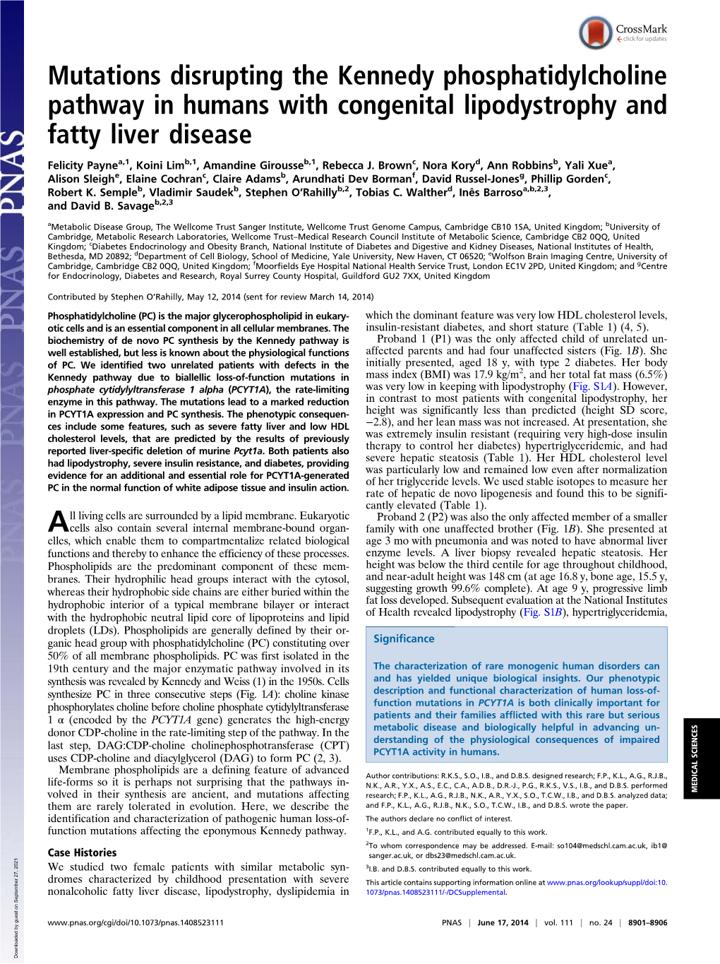 Mutations Disrupting the Kennedy Phosphatidylcholine Pathway in Humans with Congenital Lipodystrophy and Fatty Liver Disease