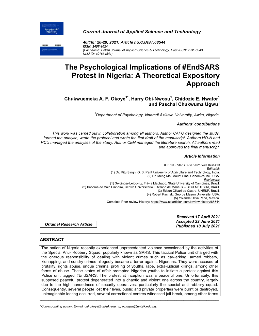 The Psychological Implications of #Endsars Protest in Nigeria: a Theoretical Expository Approach