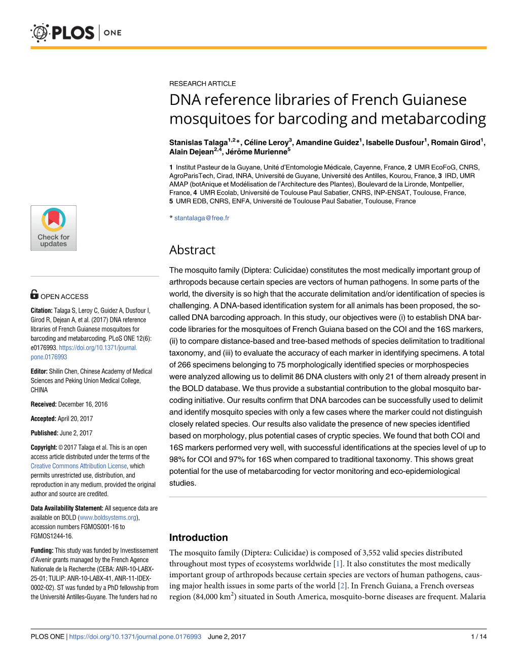 DNA Reference Libraries of French Guianese Mosquitoes for Barcoding and Metabarcoding