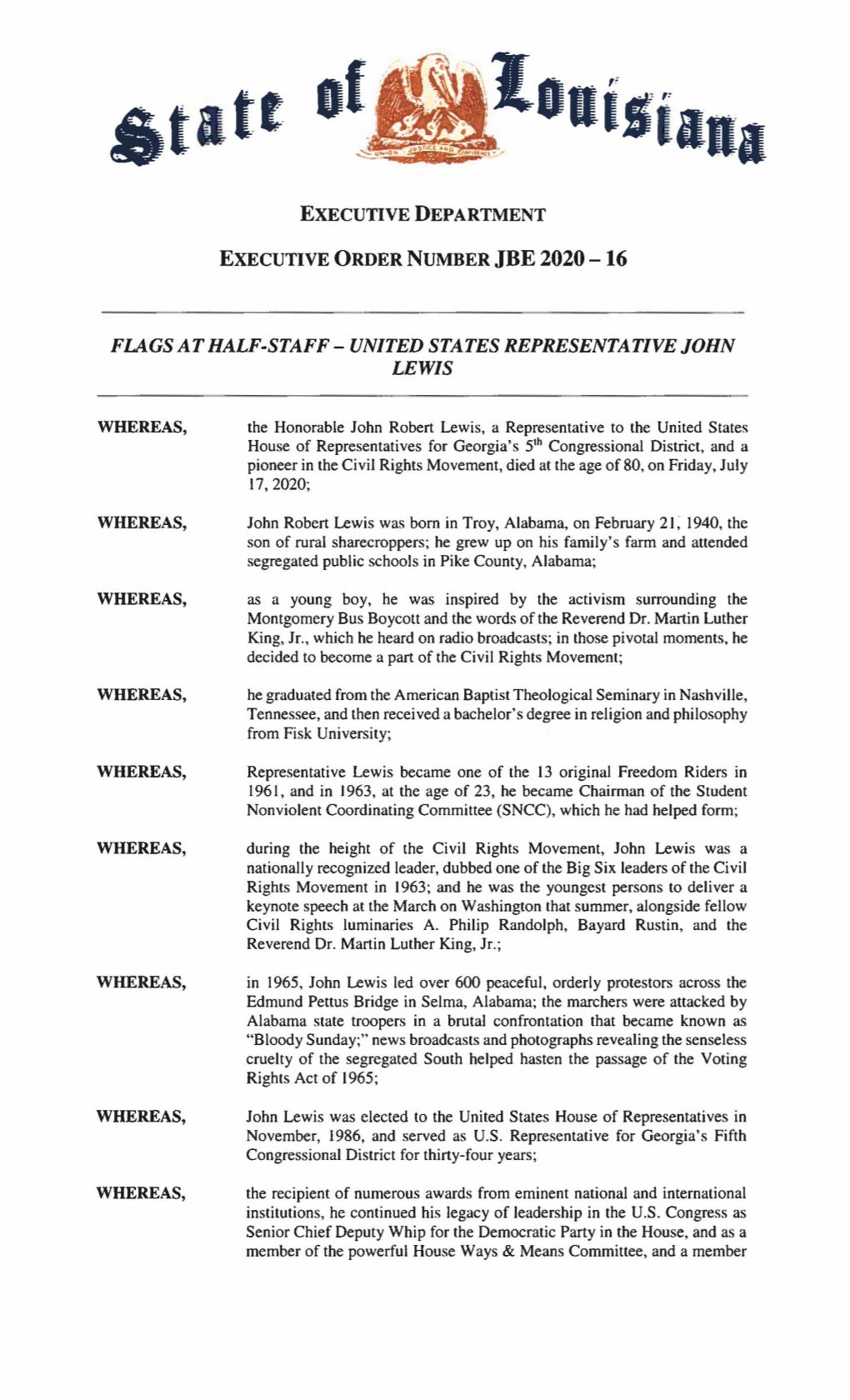 JBE 20-16 Flags at Half-Staff—United States Representative John Lewis