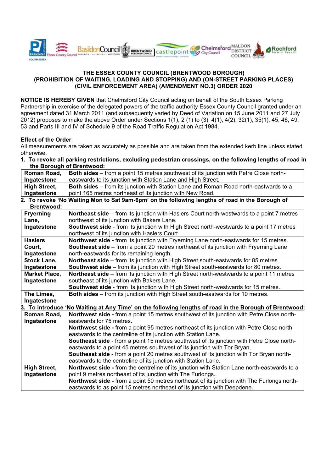 Brentwood Borough) (Prohibition of Waiting, Loading and Stopping) and (On-Street Parking Places) (Civil Enforcement Area) (Amendment No.3) Order 2020