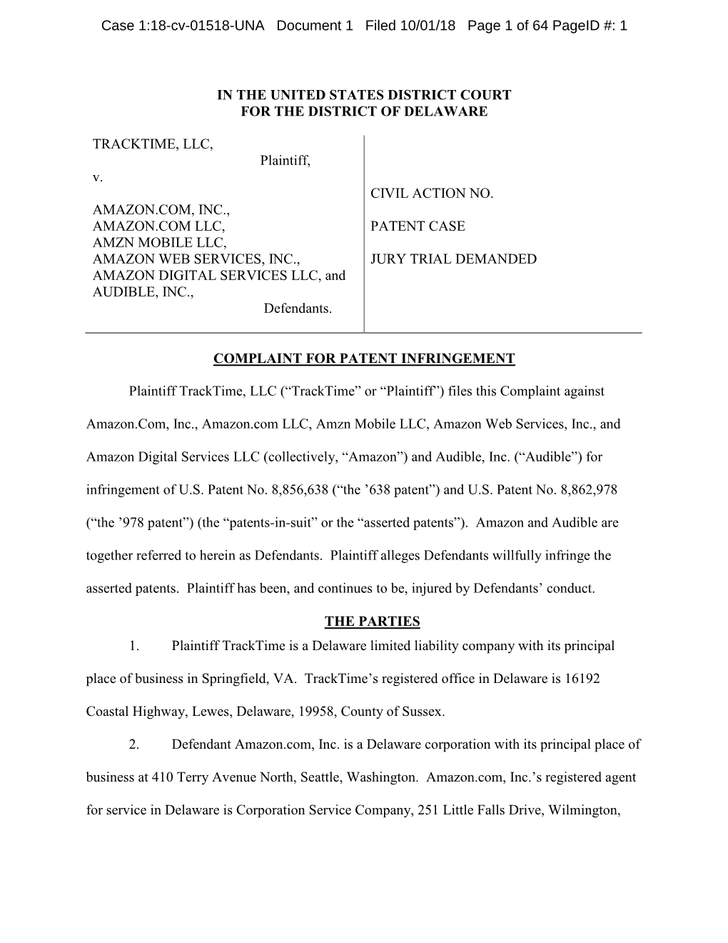 Case 1:18-Cv-01518-UNA Document 1 Filed 10/01/18 Page 1 of 64 Pageid #: 1