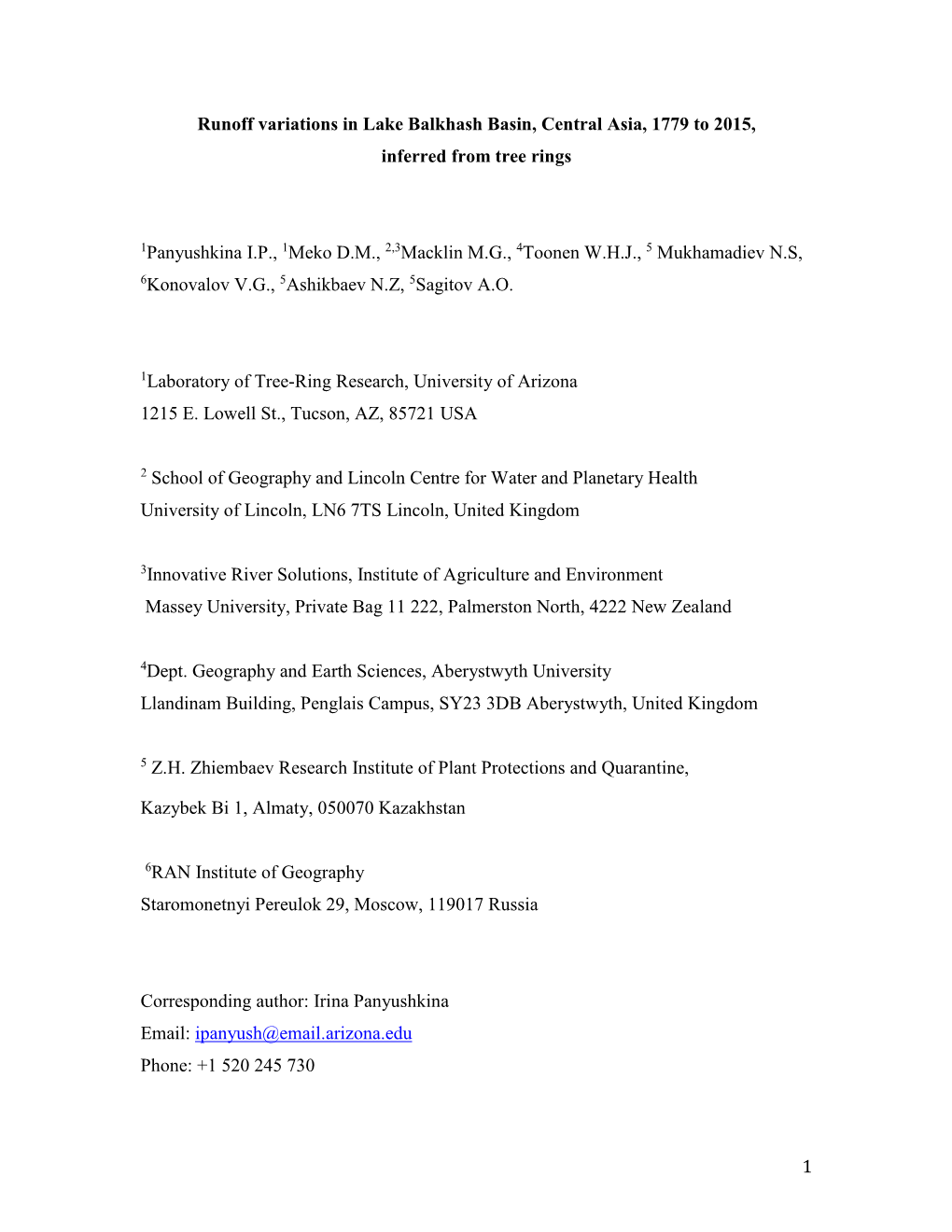 1 Runoff Variations in Lake Balkhash Basin, Central Asia, 1779 to 2015, Inferred from Tree Rings 1Panyushkina I.P., 1Meko D.M