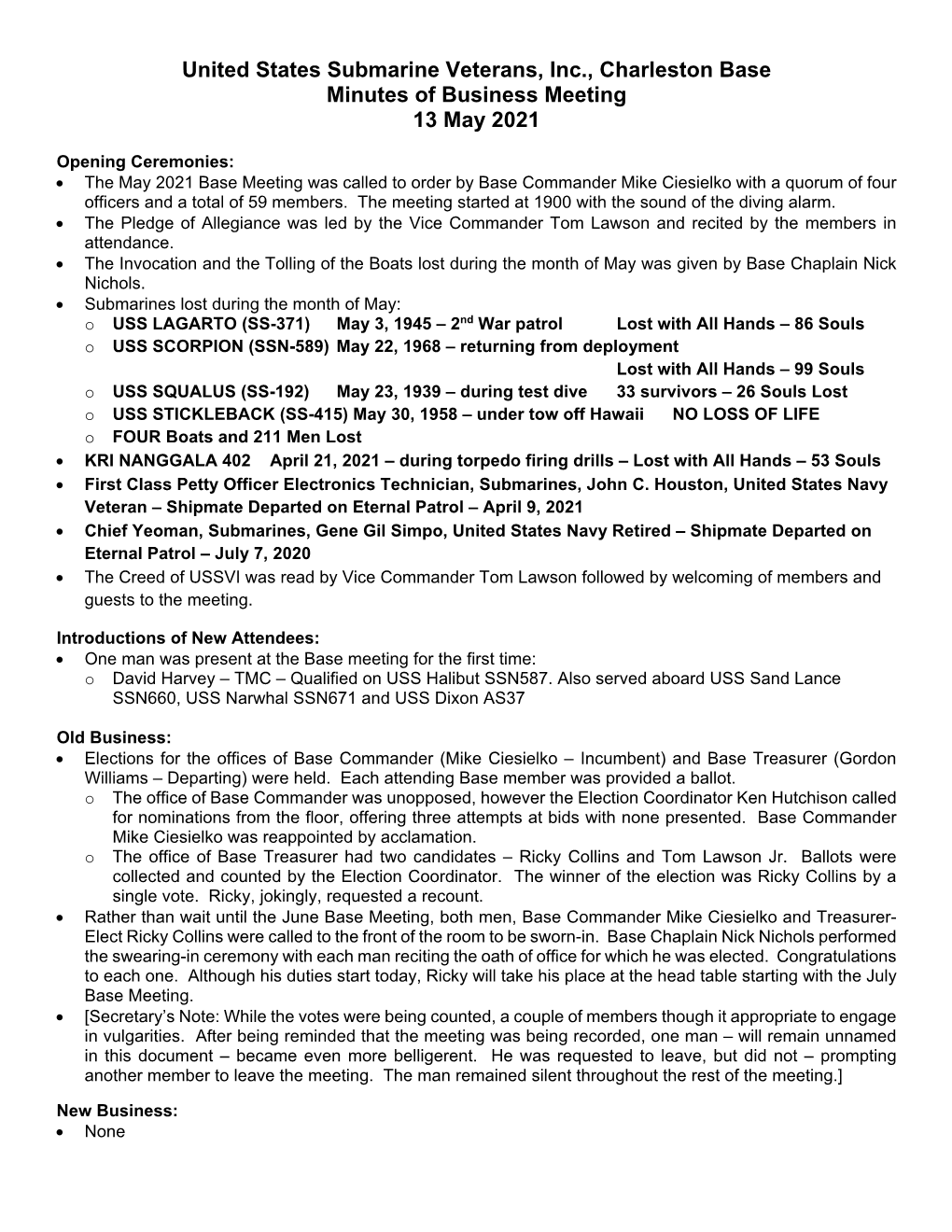 United States Submarine Veterans, Inc., Charleston Base Minutes of Business Meeting 13 May 2021