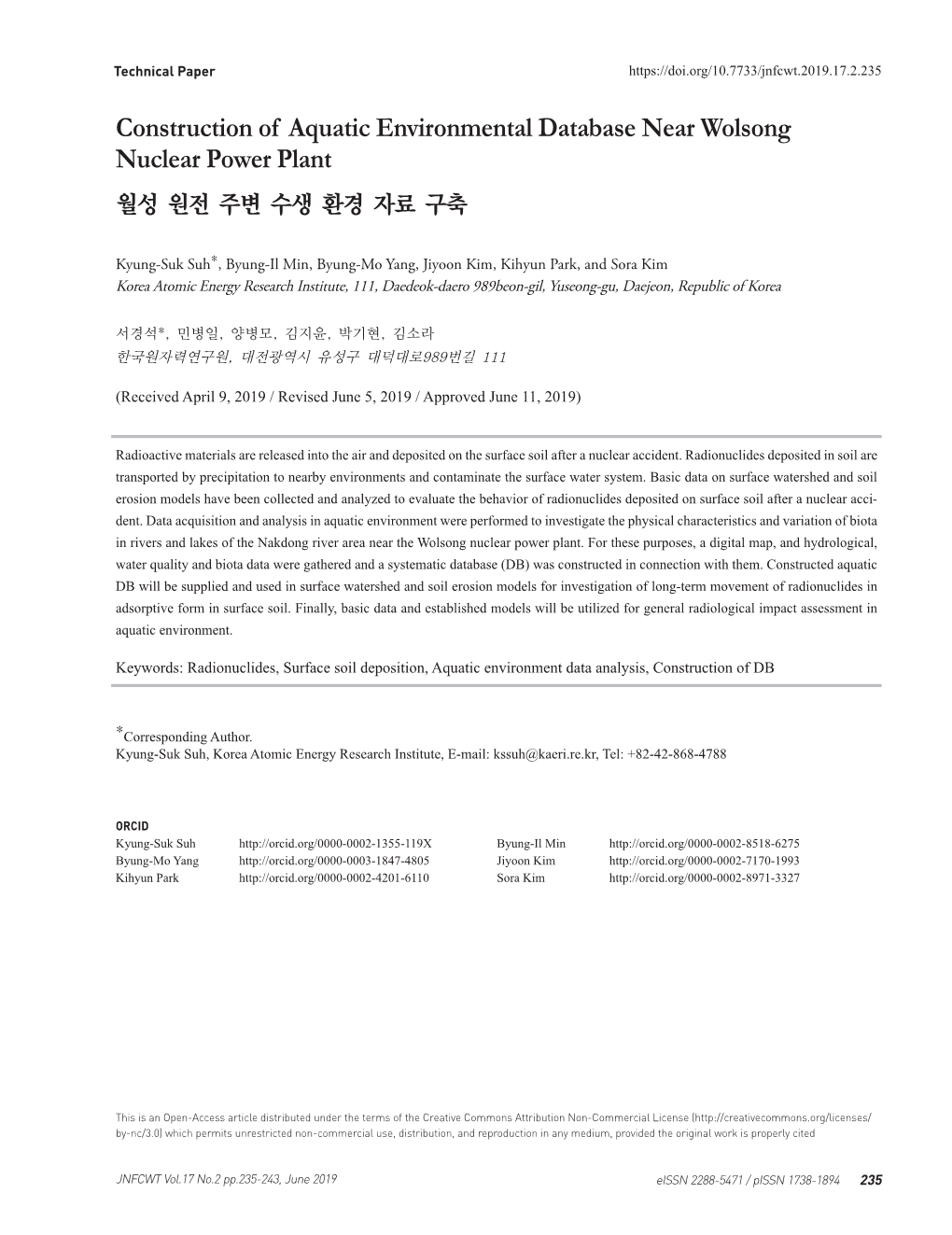 Construction of Aquatic Environmental Database Near Wolsong Nuclear Power Plant 월성 원전 주변 수생 환경 자료 구축