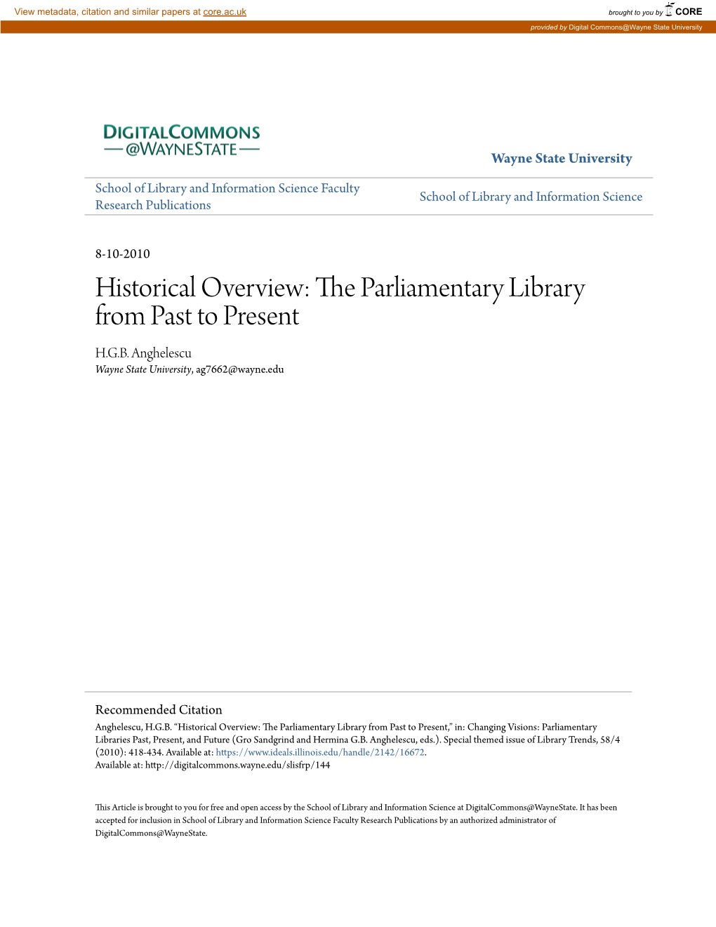 Historical Overview: the Parliamentary Library from Past to Present