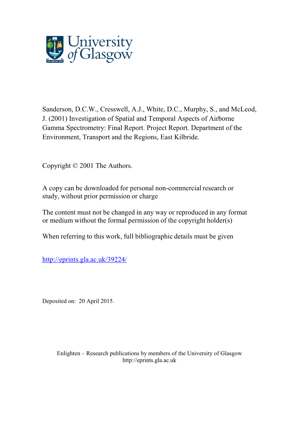 (2001) Investigation of Spatial and Temporal Aspects of Airborne Gamma Spectrometry: Final Report