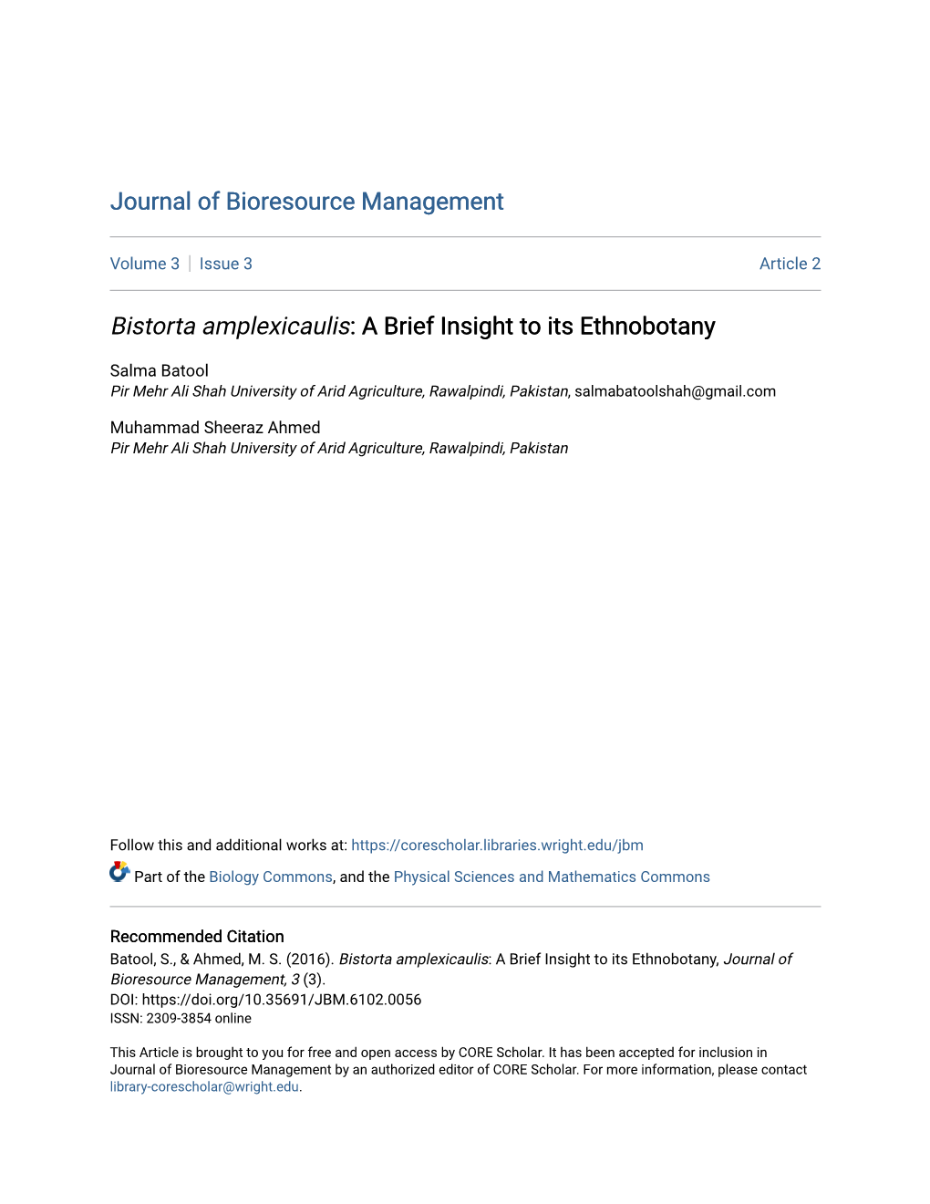 Bistorta Amplexicaulis: a Brief Insight to Its Ethnobotany