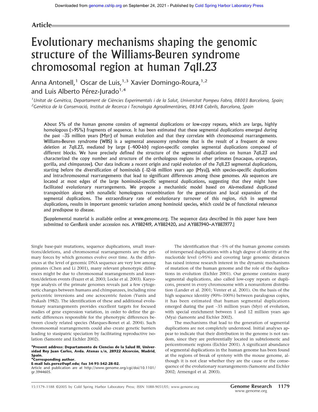 Evolutionary Mechanisms Shaping the Genomic Structure of the Williams-Beuren Syndrome Chromosomal Region at Human 7Q11.23