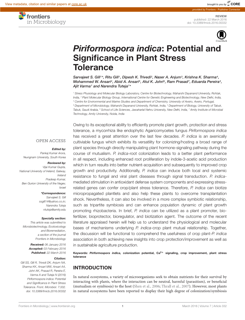 Piriformospora Indica: Potential and Significance in Plant Stress Tolerance