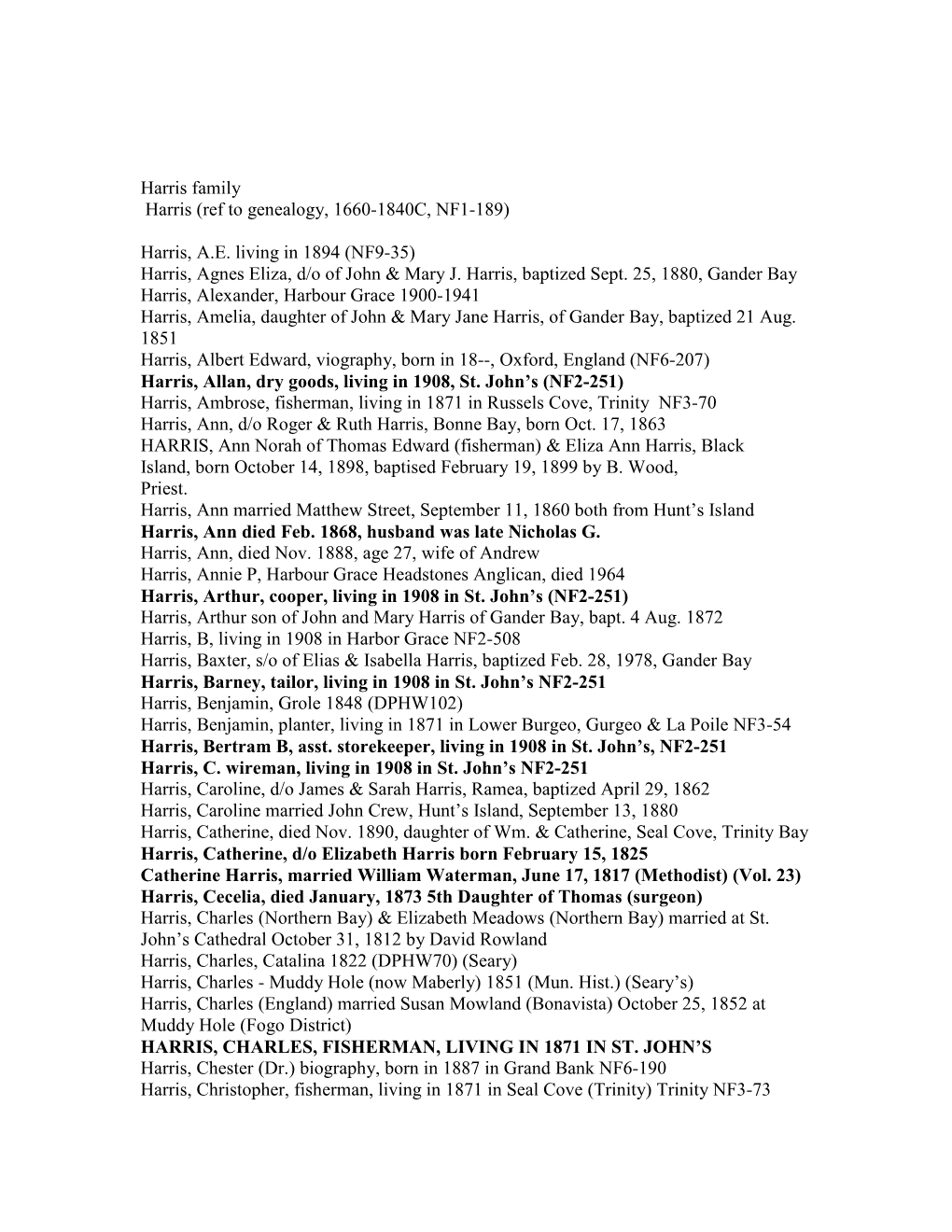 Harris Family Harris (Ref to Genealogy, 1660-1840C, NF1-189)