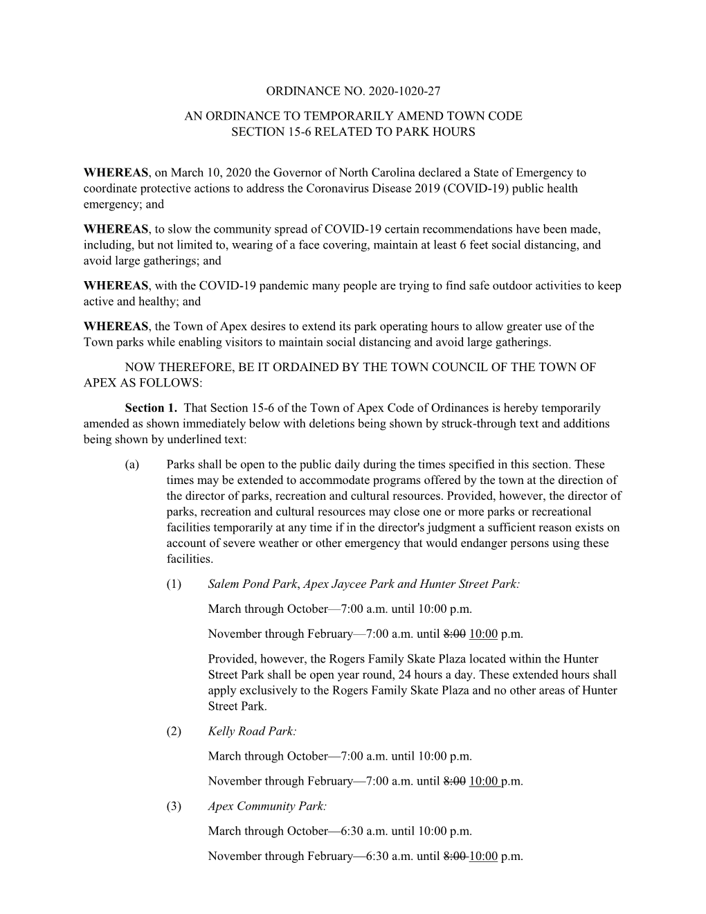 Ordinance No. 2020-1020-27 an Ordinance to Temporarily Amend Town Code Section 15-6 Related to Park Hours