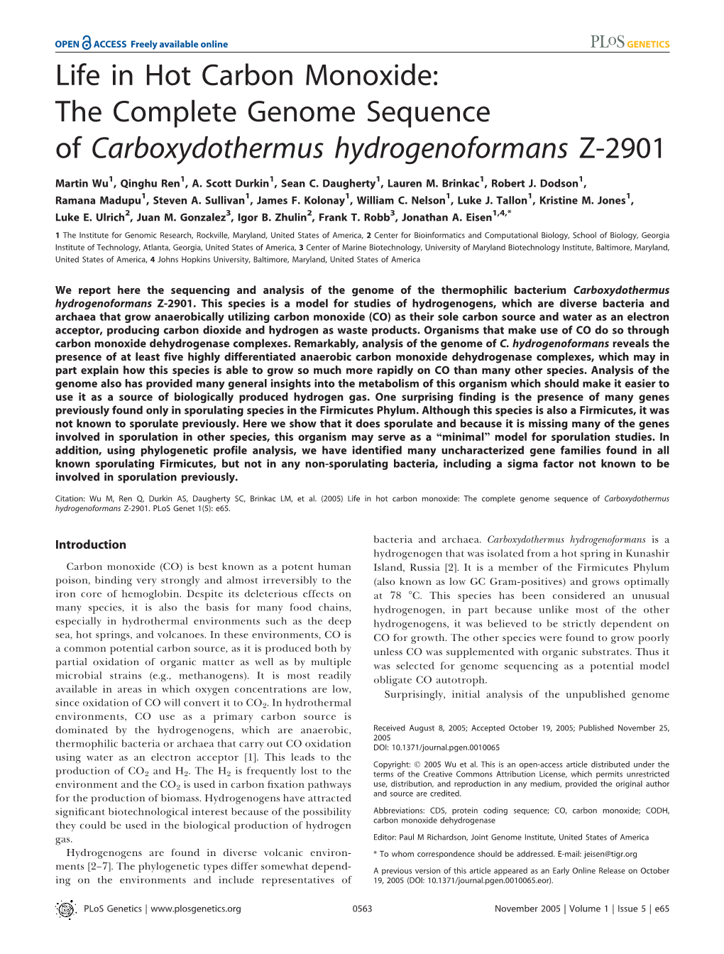 Life in Hot Carbon Monoxide: the Complete Genome Sequence of Carboxydothermus Hydrogenoformans Z-2901