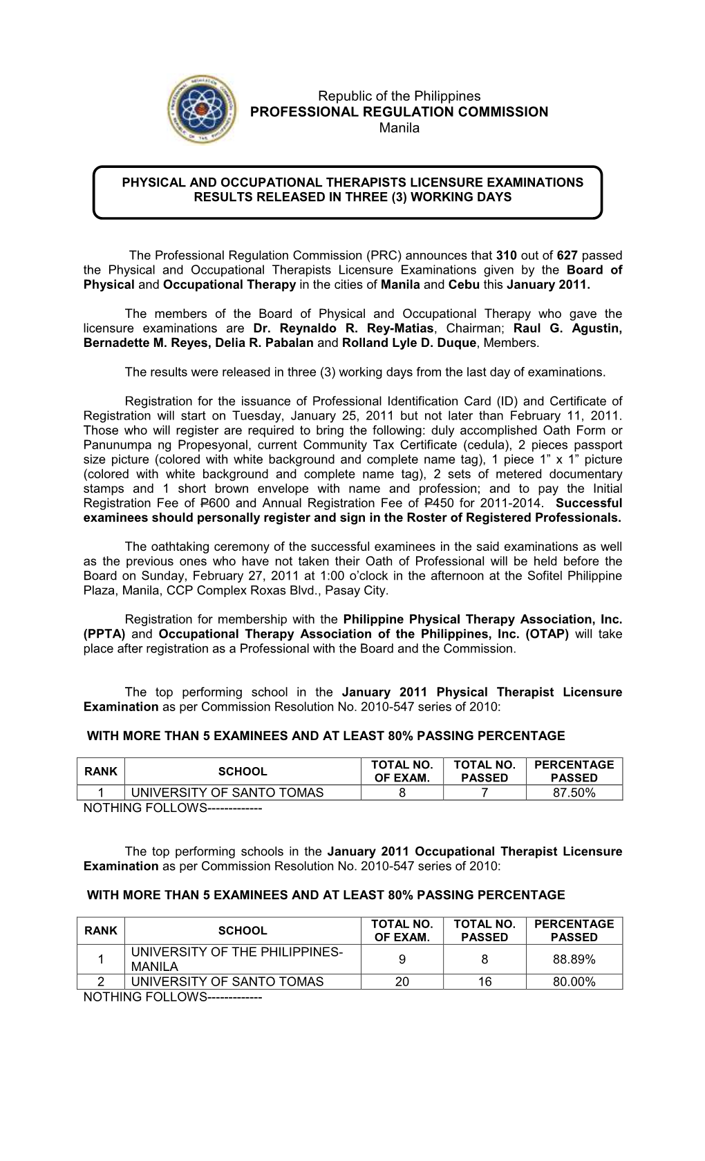 Republic of the Philippines PROFESSIONAL REGULATION COMMISSION Manila