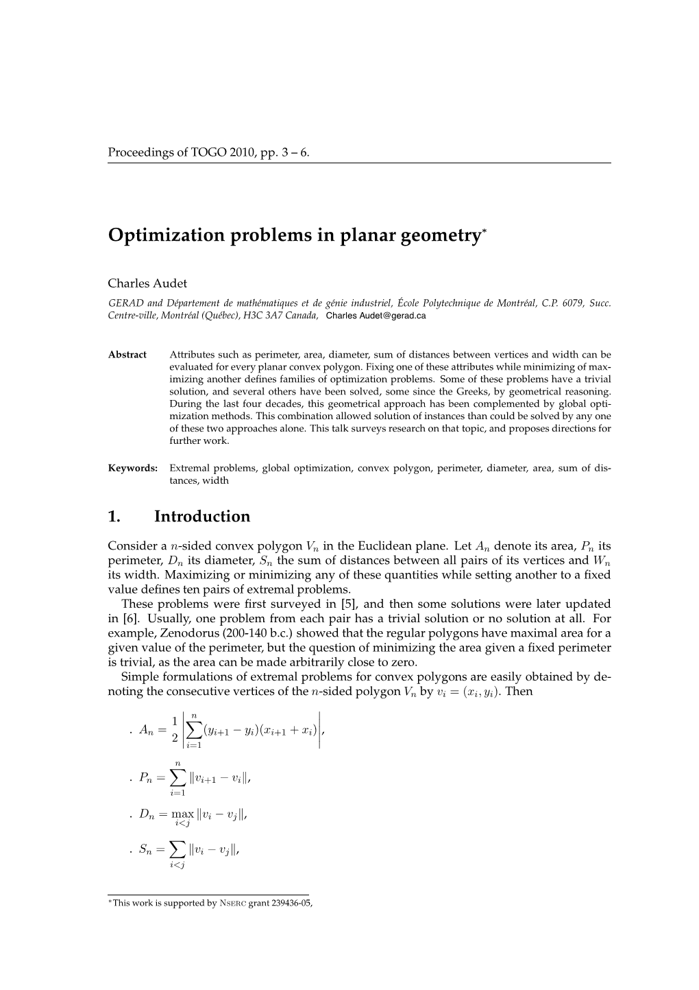 Optimization Problems in Planar Geometry∗