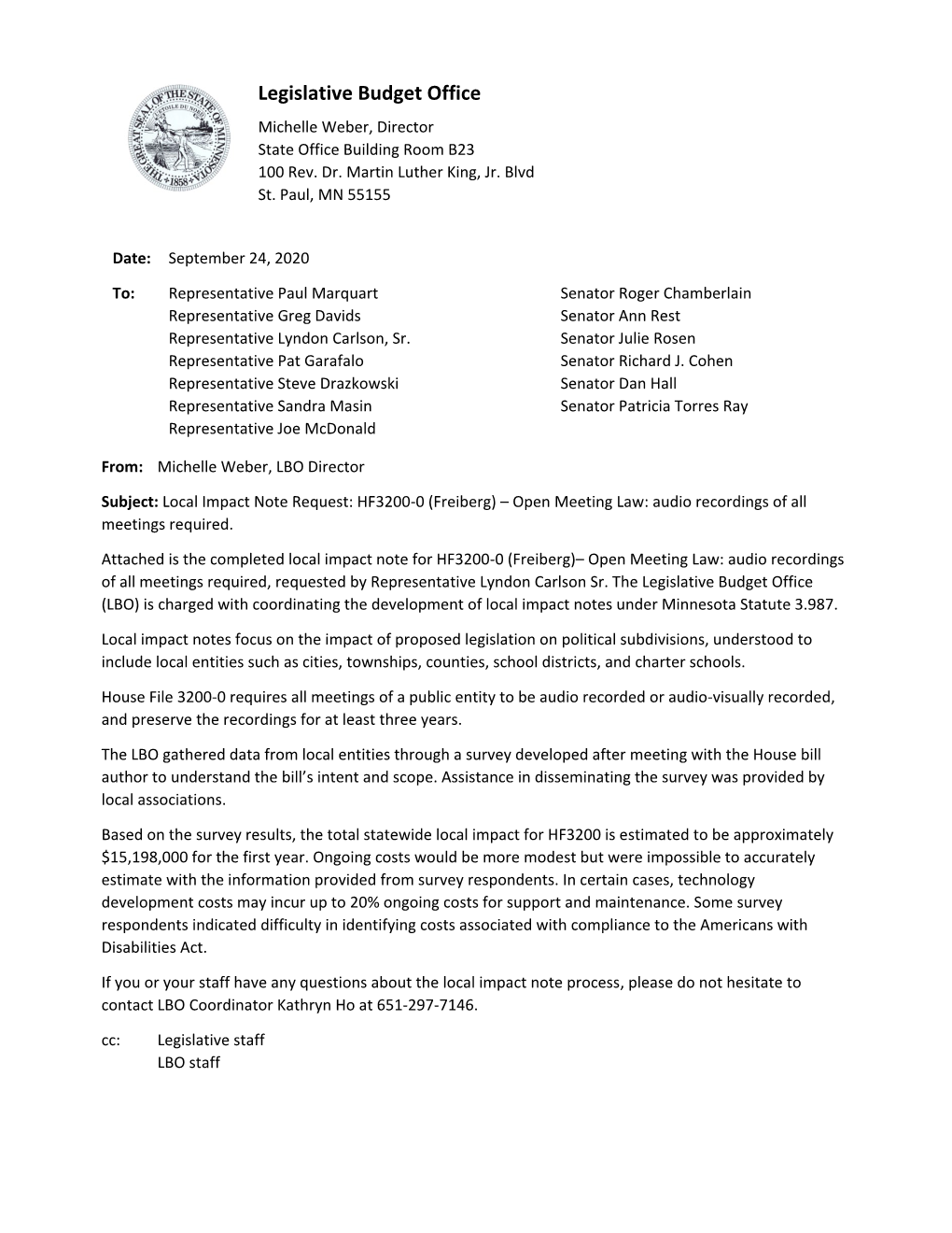 HF3200 Local Impact Note and Memo