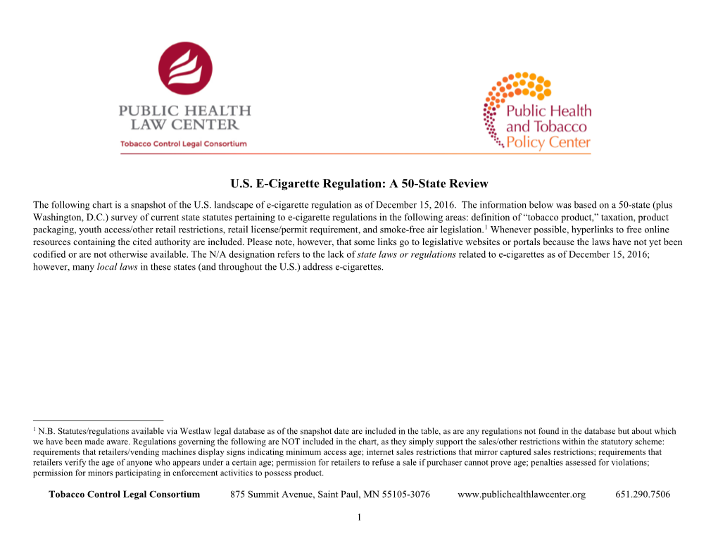 U.S. E-Cigarette Regulation: a 50-State Review the Following Chart Is a Snapshot of the U.S