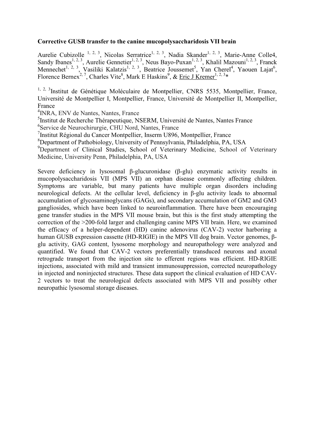 Corrective GUSB Transfer to the Canine Mucopolysaccharidosis VII Brain