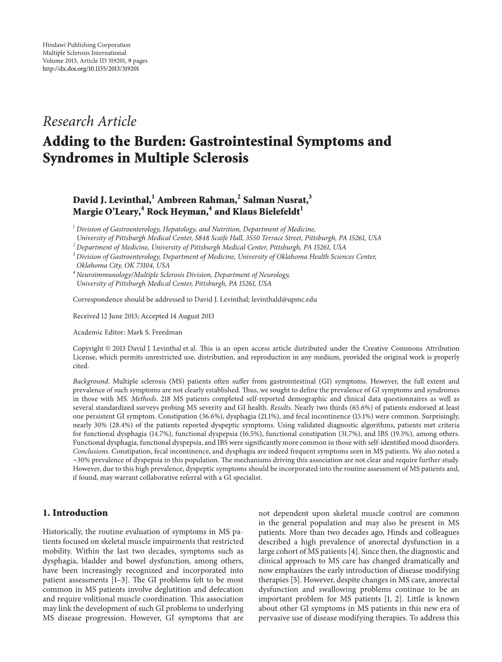 Adding to the Burden: Gastrointestinal Symptoms and Syndromes in Multiple Sclerosis
