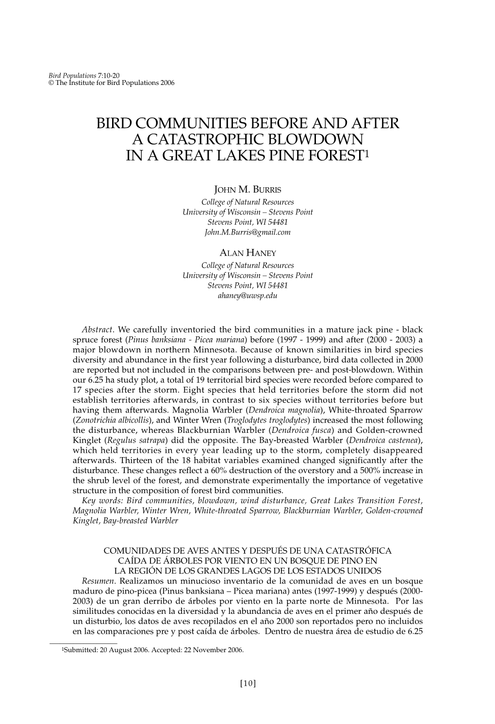 Bird Communities Before and After a Catastrophic Blowdown in a Great Lakes Pine Forest1