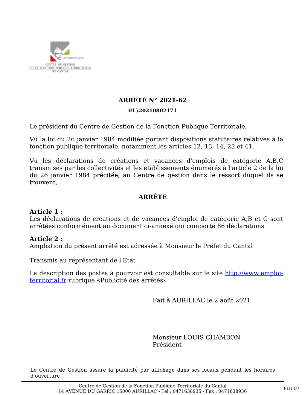 Arrêté N° 2021-62 01520210802171