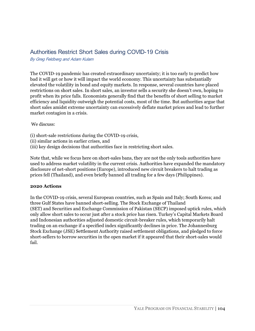 Authorities Restrict Short Sales During COVID-19 Crisis by Greg Feldberg and Adam Kulam