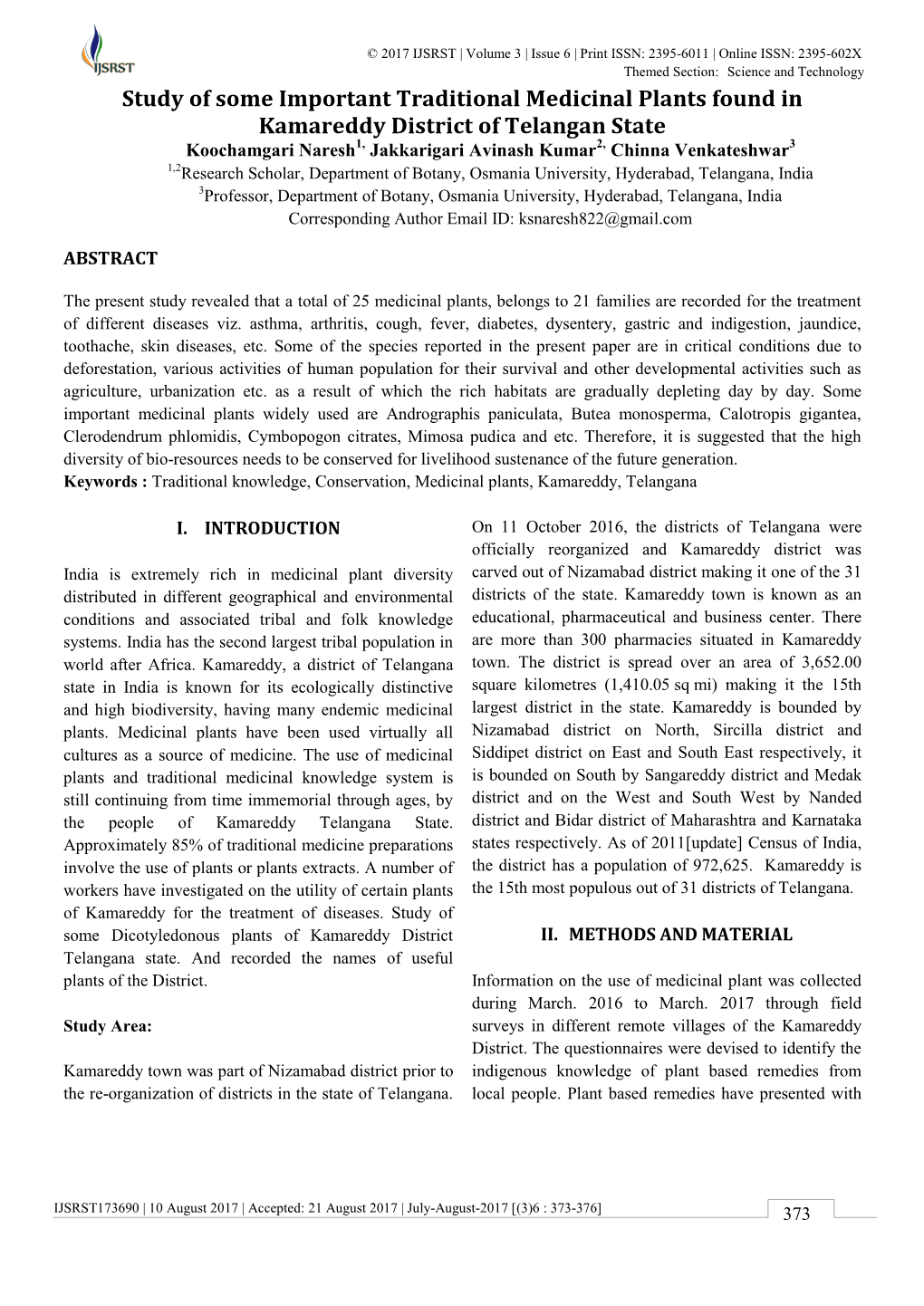 Study of Some Important Traditional Medicinal Plants Found in Kamareddy District of Telangan State