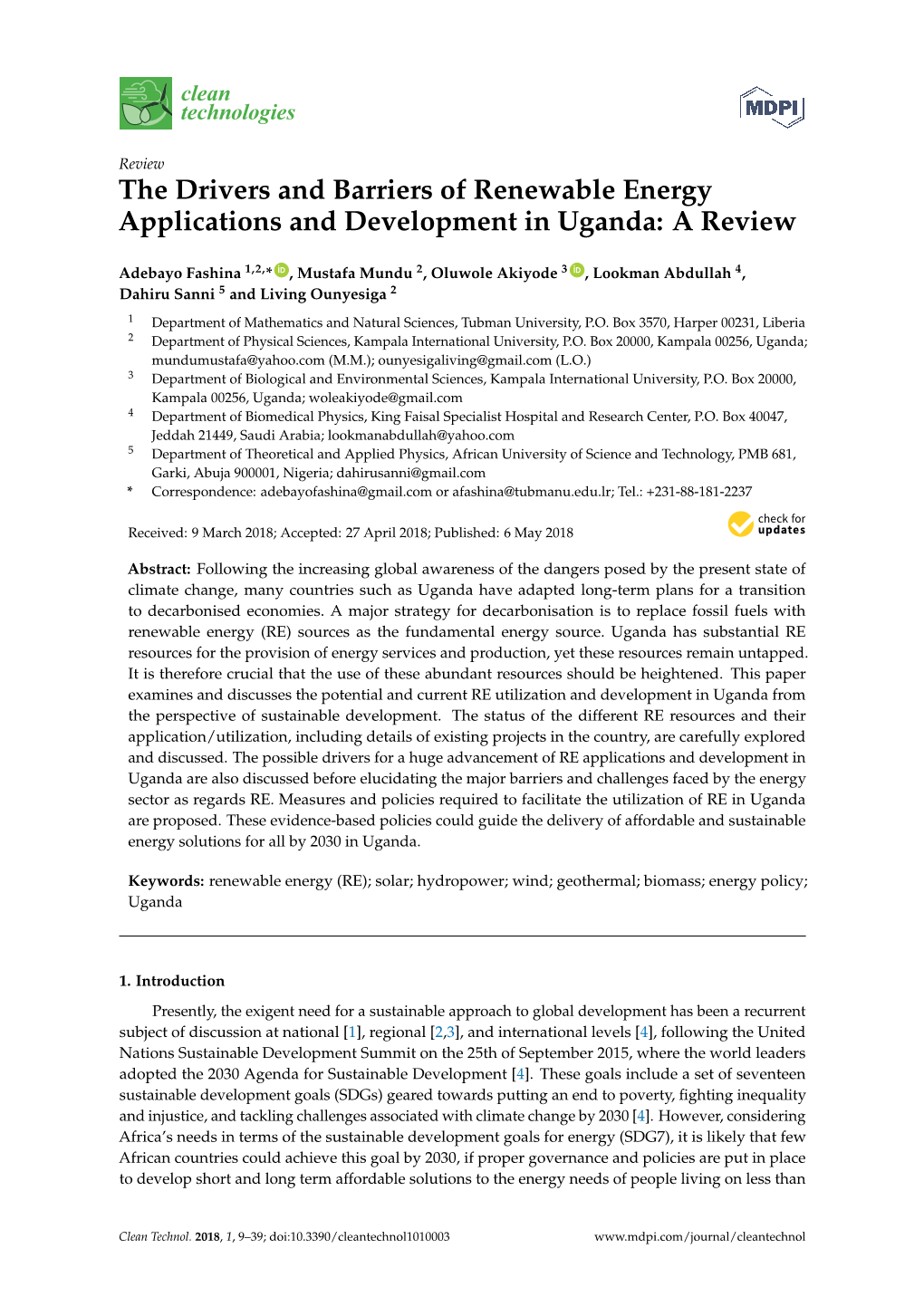 The Drivers and Barriers of Renewable Energy Applications and Development in Uganda: a Review