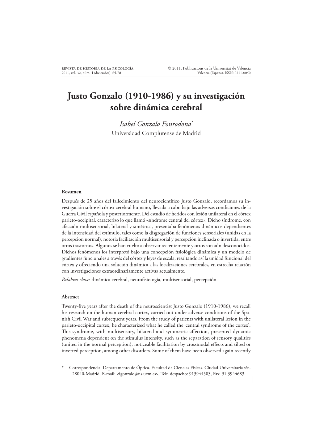 Justo Gonzalo (1910-1986) Y Su Investigación Sobre Dinámica Cerebral