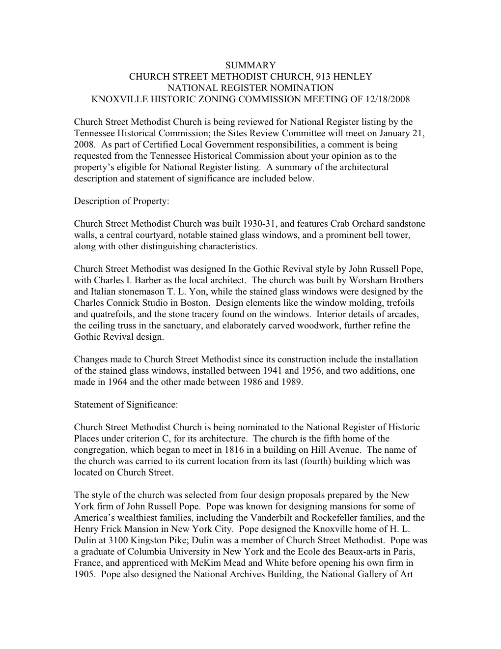 Summary Church Street Methodist Church, 913 Henley National Register Nomination Knoxville Historic Zoning Commission Meeting of 12/18/2008