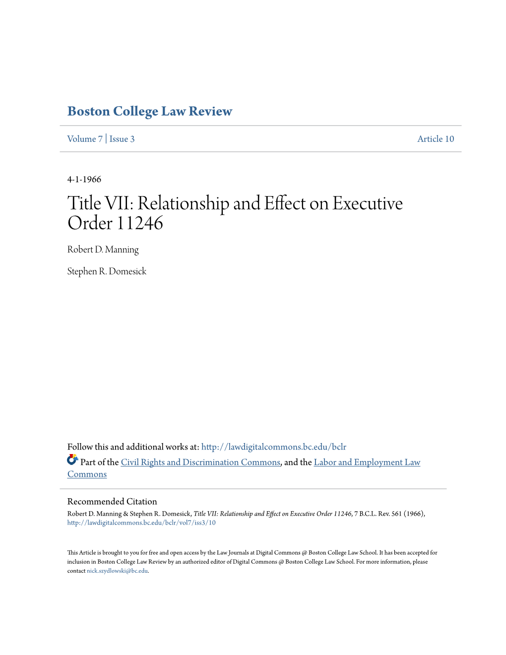 Title VII: Relationship and Effect on Executive Order 11246 Robert D