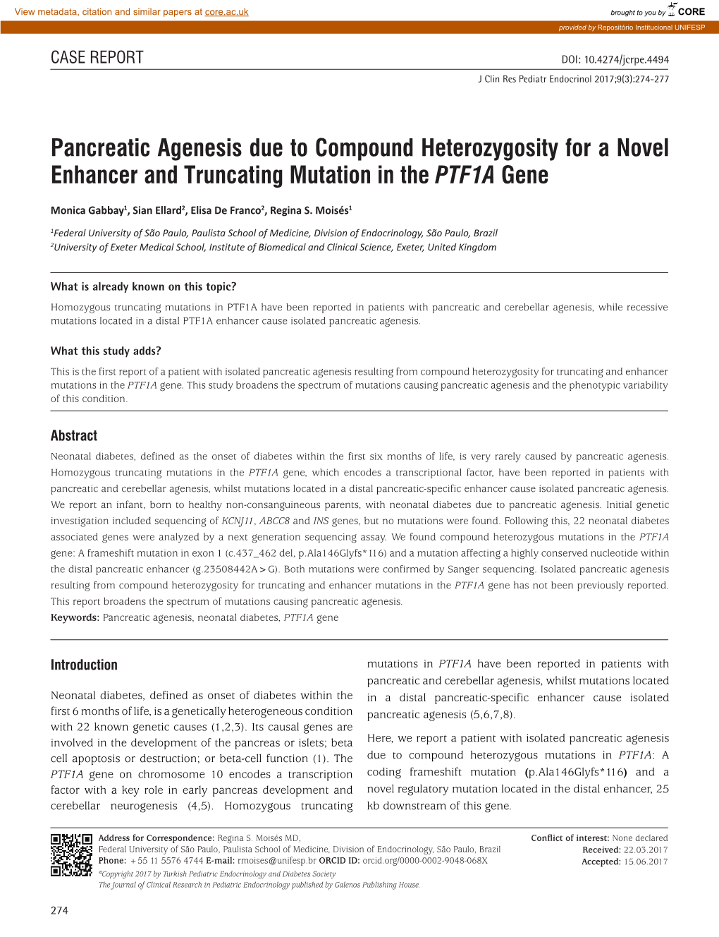 Pancreatic Agenesis Due to Compound Heterozygosity for a Novel Enhancer and Truncating Mutation in the PTF1A Gene