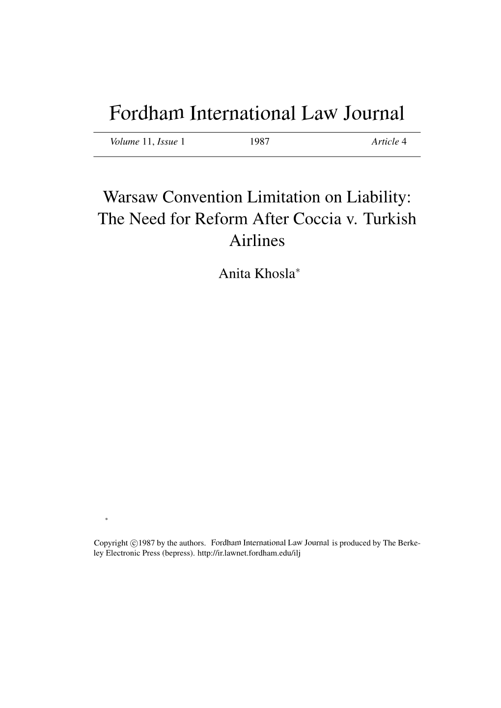 Warsaw Convention Limitation on Liability: the Need for Reform After Coccia V