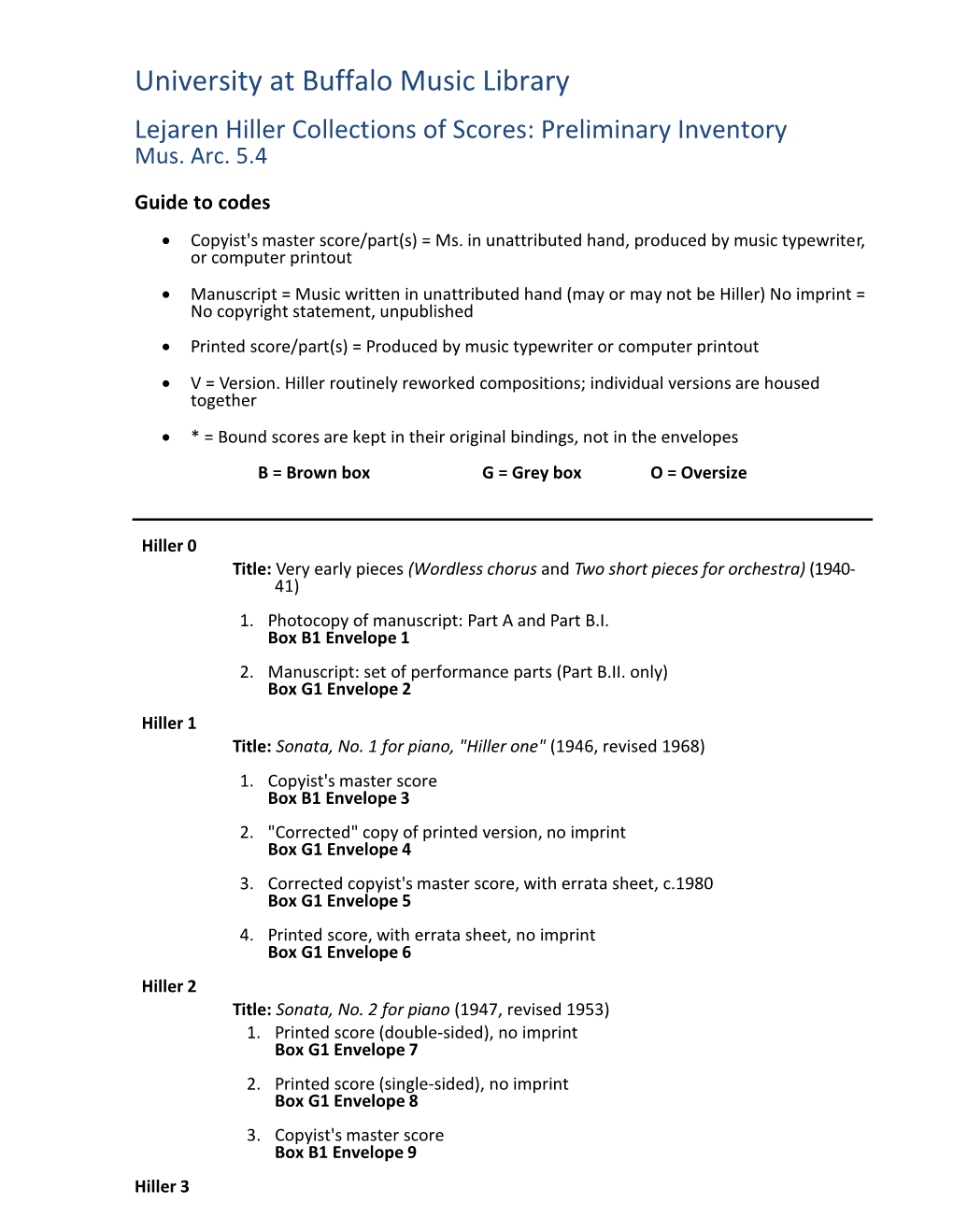 Lejaren Hiller Collections of Scores: Preliminary Inventory Mus