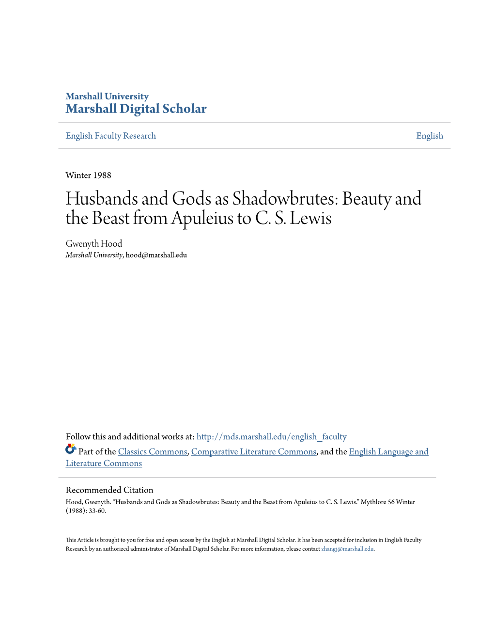 Husbands and Gods As Shadowbrutes: Beauty and the Beast from Apuleius to C