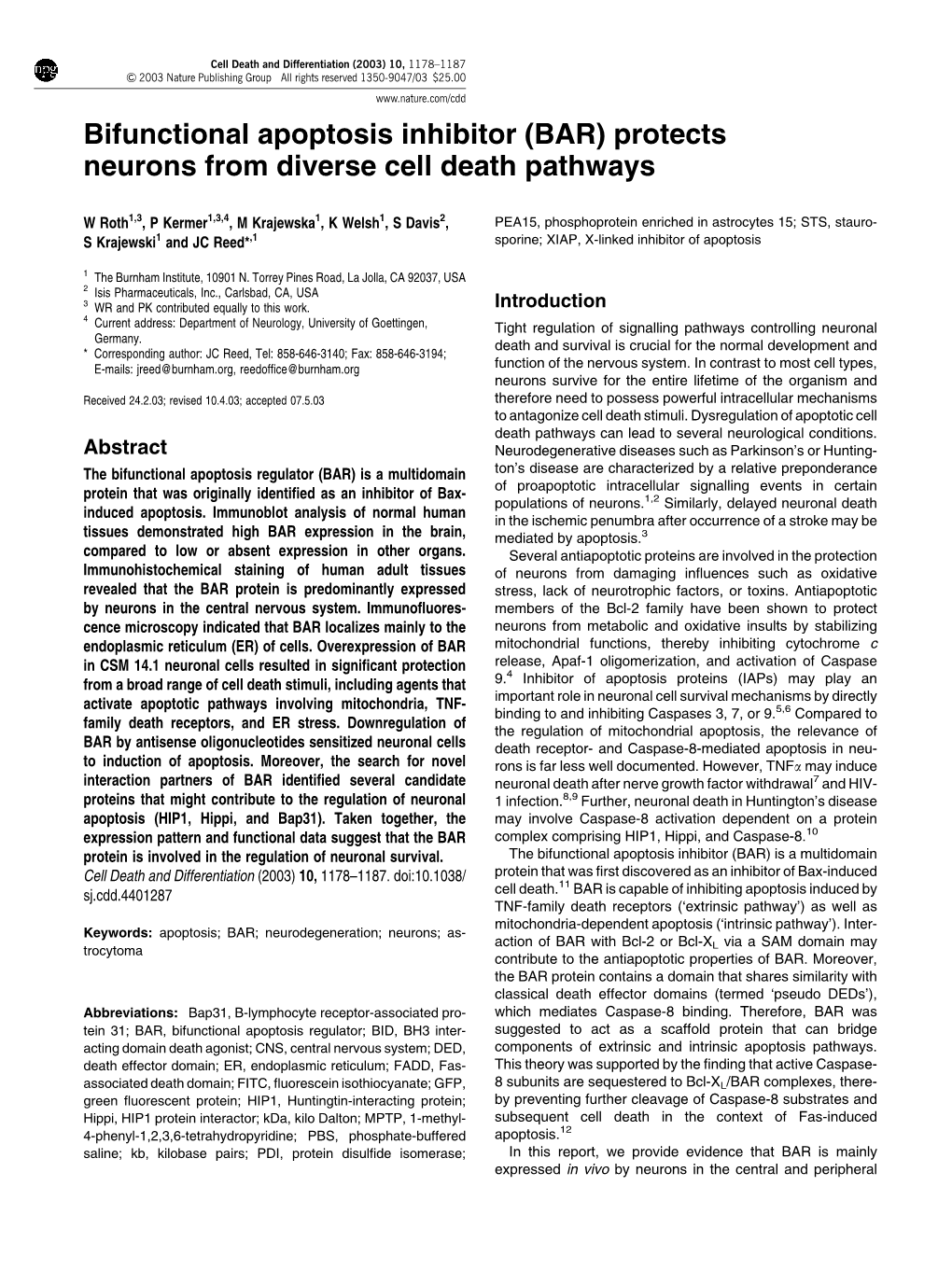 Bifunctional Apoptosis Inhibitor (BAR) Protects Neurons from Diverse Cell Death Pathways