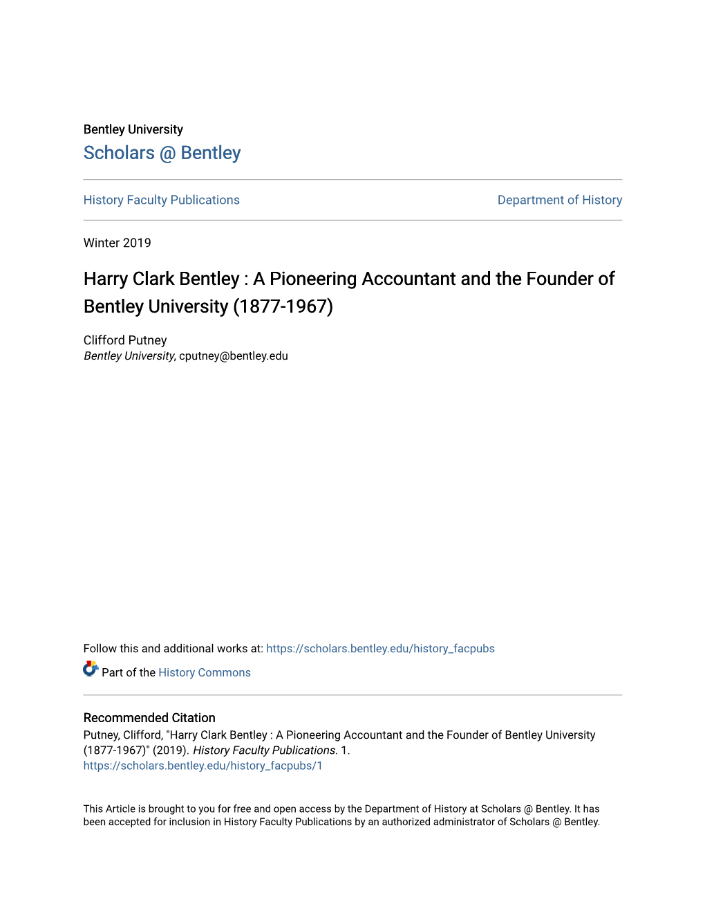 Harry Clark Bentley : a Pioneering Accountant and the Founder of Bentley University (1877-1967)