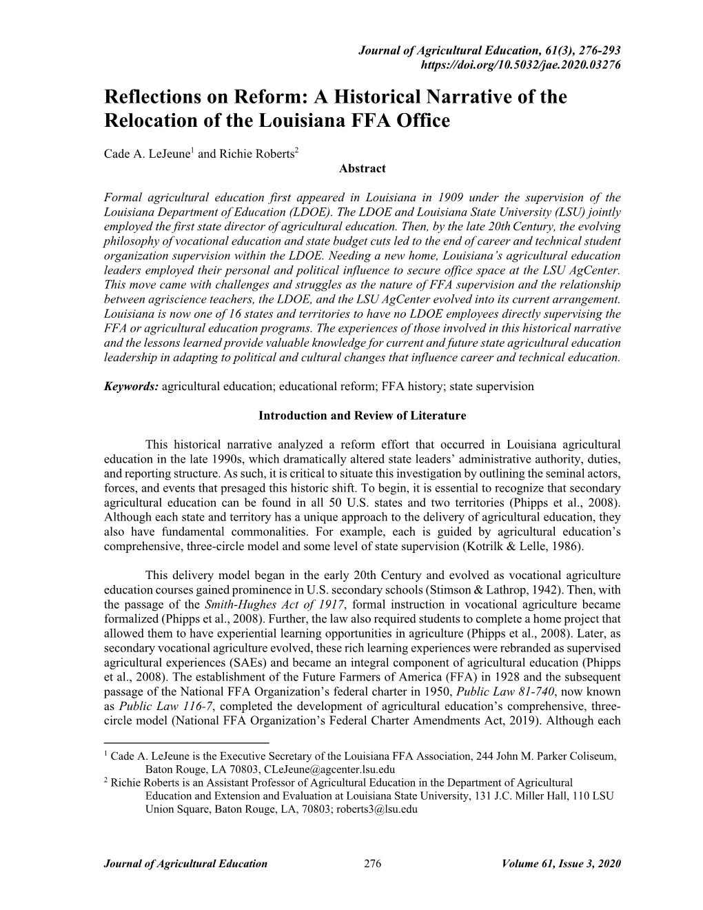 A Historical Narrative of the Relocation of the Louisiana FFA Office