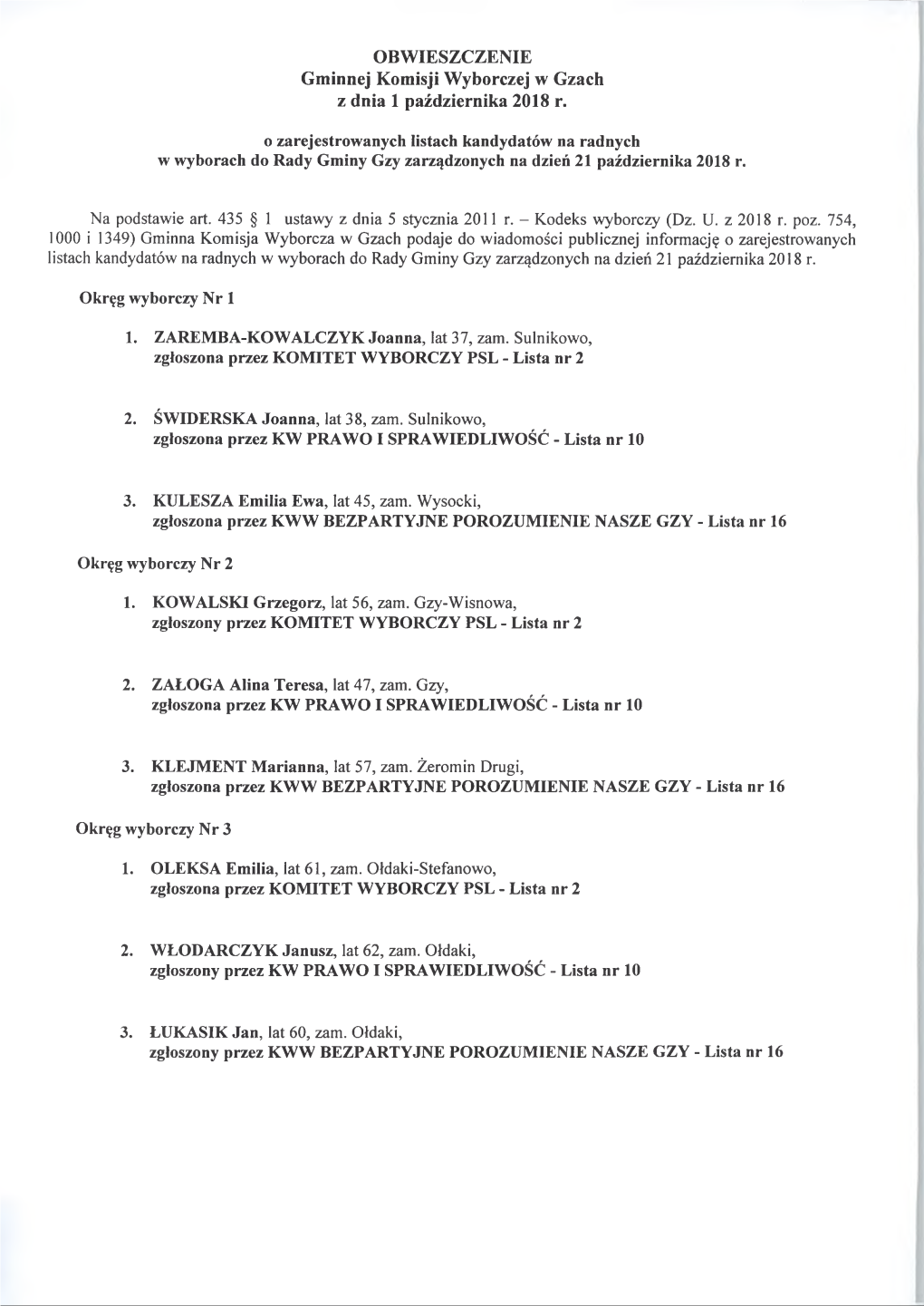 OBWIESZCZENIE Gminnej Komisji Wyborczej W Gzach Z Dnia 1 Października 2018 R