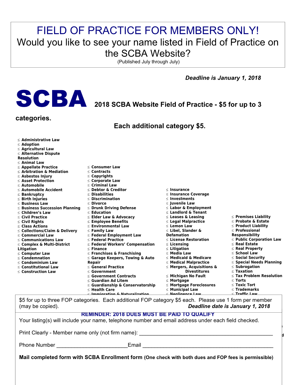 SCBA 2018 SCBA Website Field of Practice - $5 for up to 3 Categories