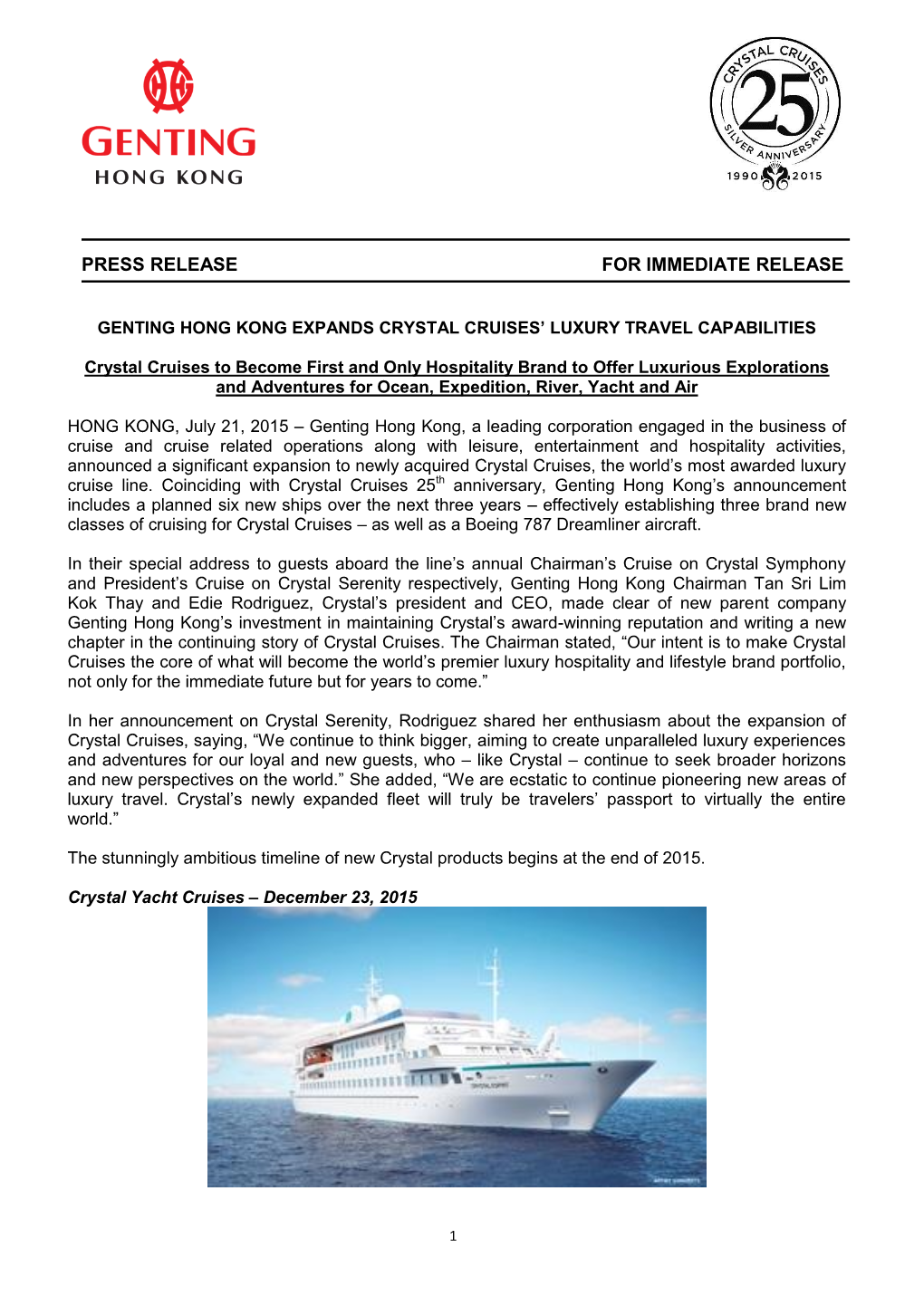 Genting Hong Kong Expands Crystal Cruises' Luxury