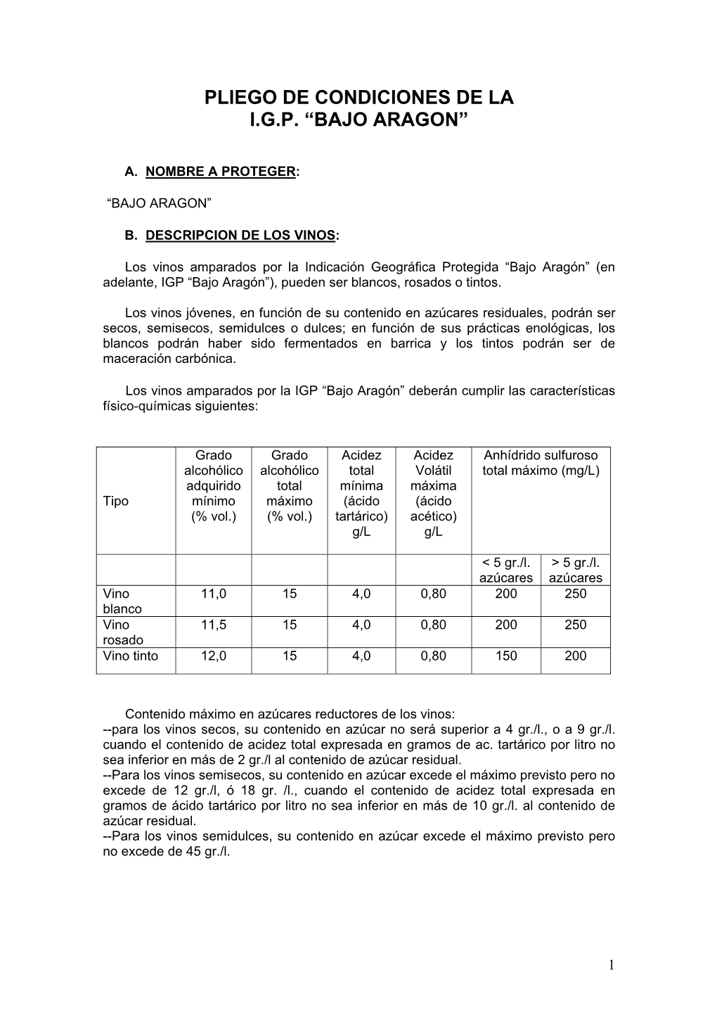 Pliego De Condiciones De La I.G.P. “Bajo Aragon”