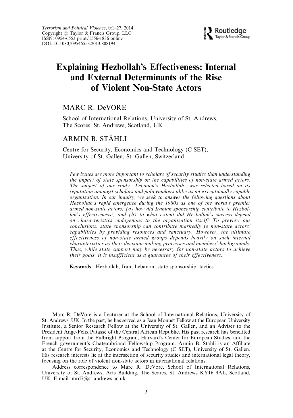 Explaining Hezbollah's Effectiveness: Internal and External Determinants of the Rise of Violent Non-State Actors