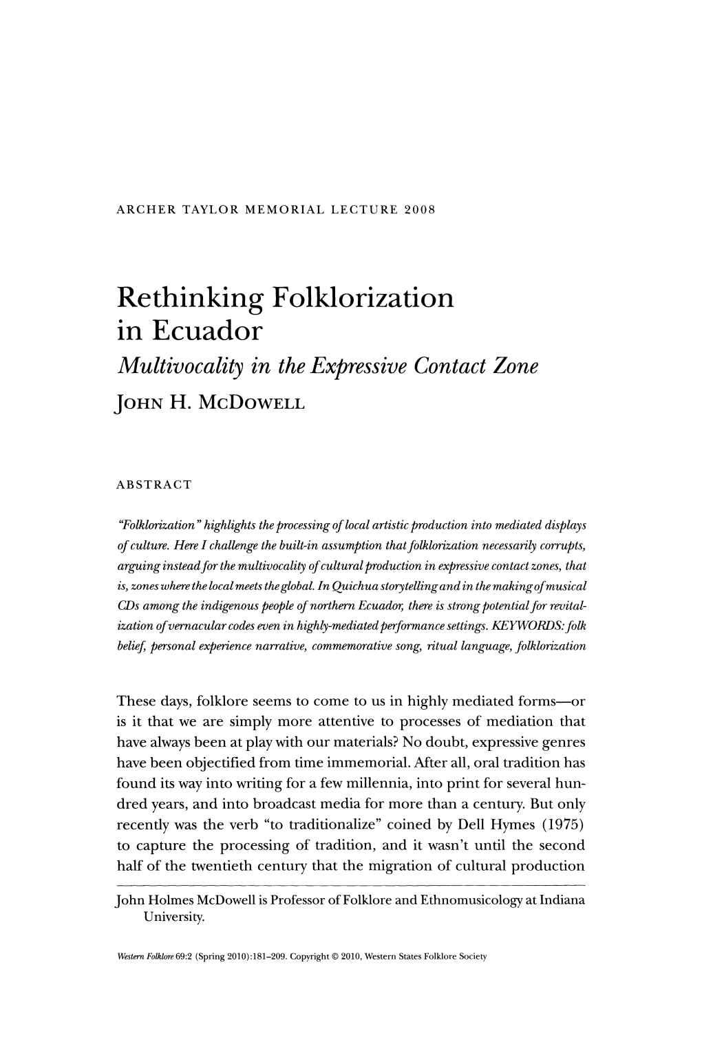 Rethinking Folklorization in Ecuador Multivocality in the Expressive Contact Zone John H