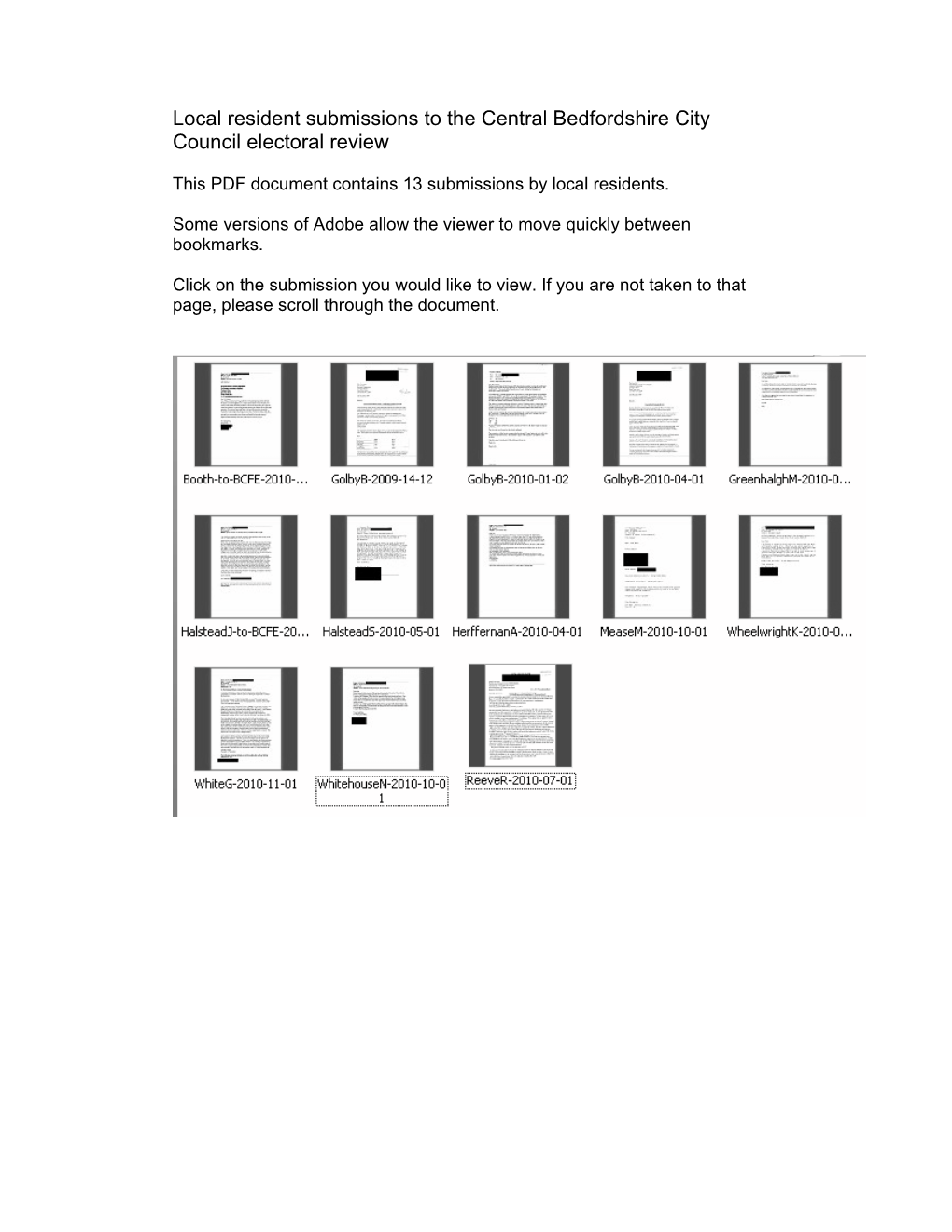 Local Resident Submissions to the Central Bedfordshire City Council Electoral Review