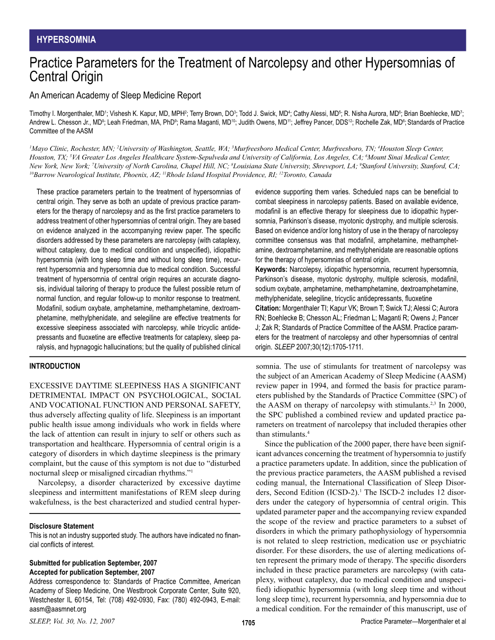 Practice Parameters for the Treatment of Narcolepsy and Other Hypersomnias of Central Origin an American Academy of Sleep Medicine Report