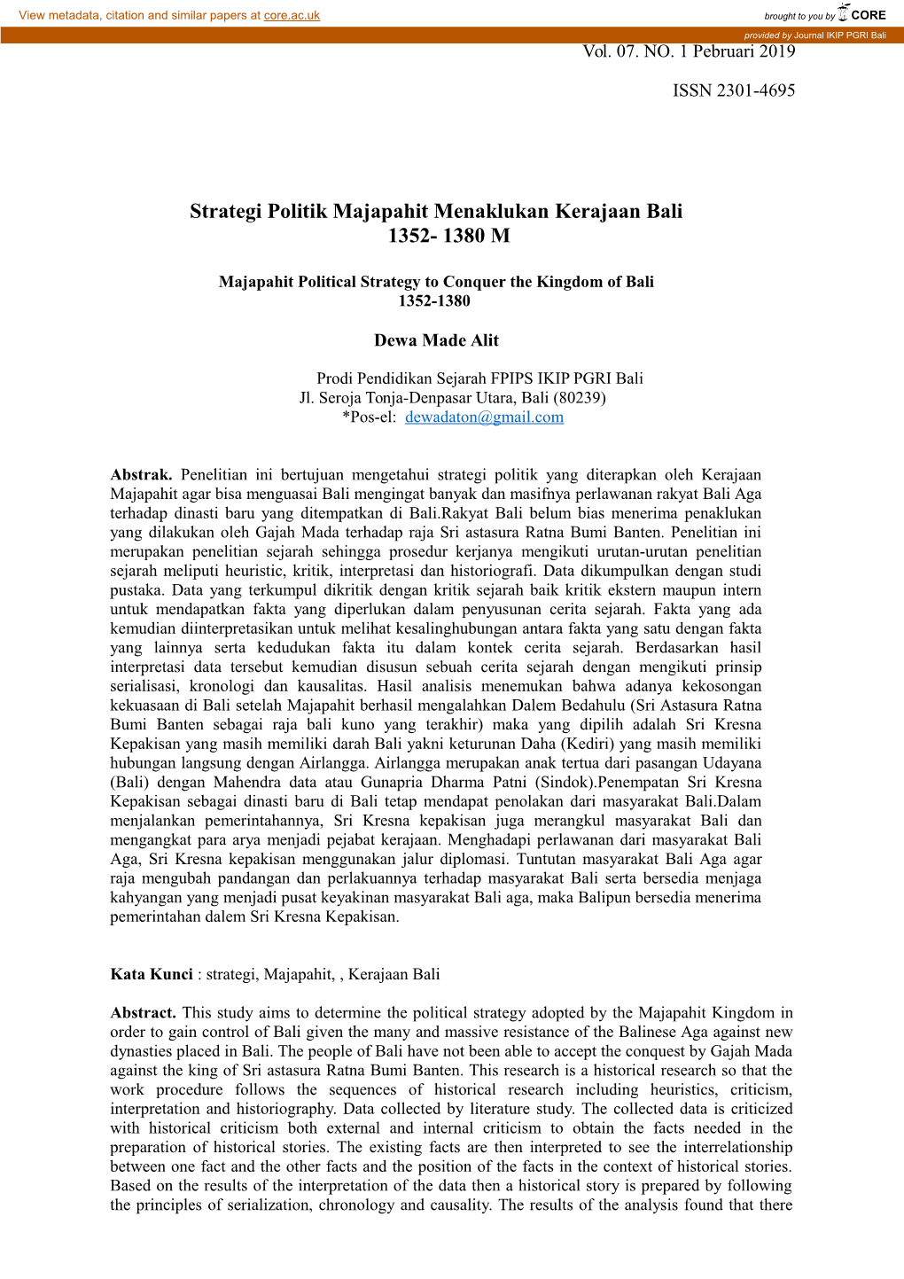 Strategi Politik Majapahit Menaklukan Kerajaan Bali 1352- 1380 M