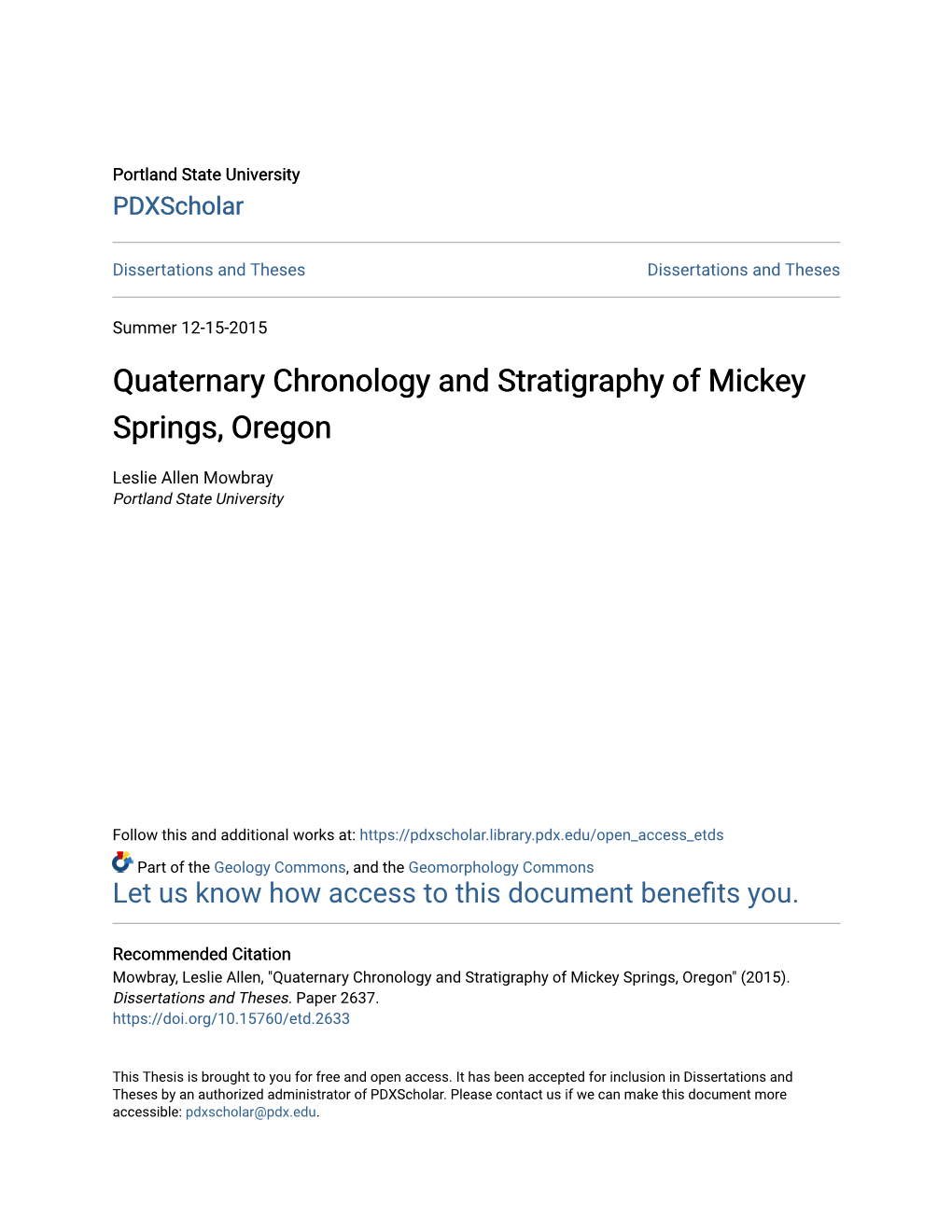 Quaternary Chronology and Stratigraphy of Mickey Springs, Oregon