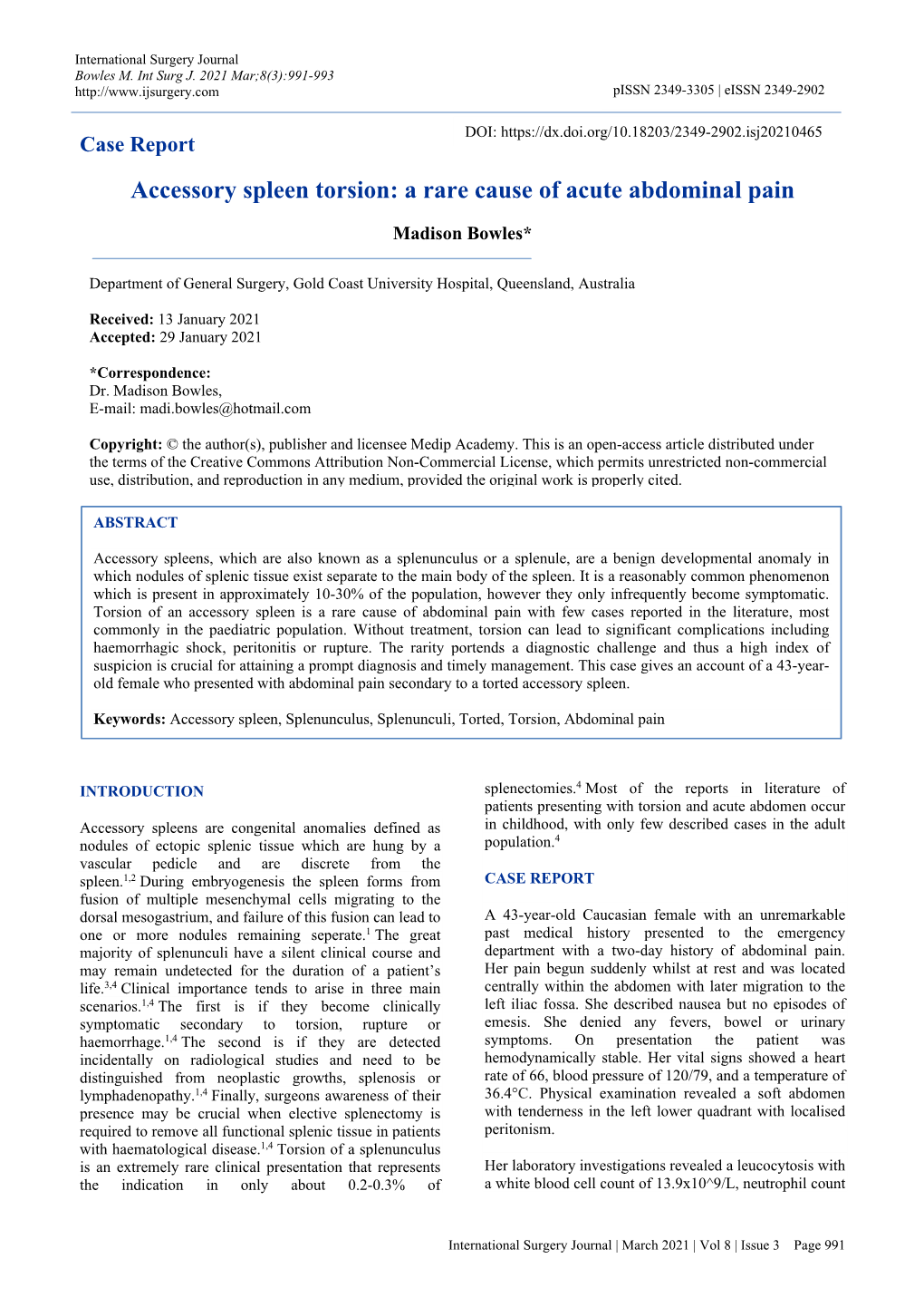 Accessory Spleen Torsion: a Rare Cause of Acute Abdominal Pain