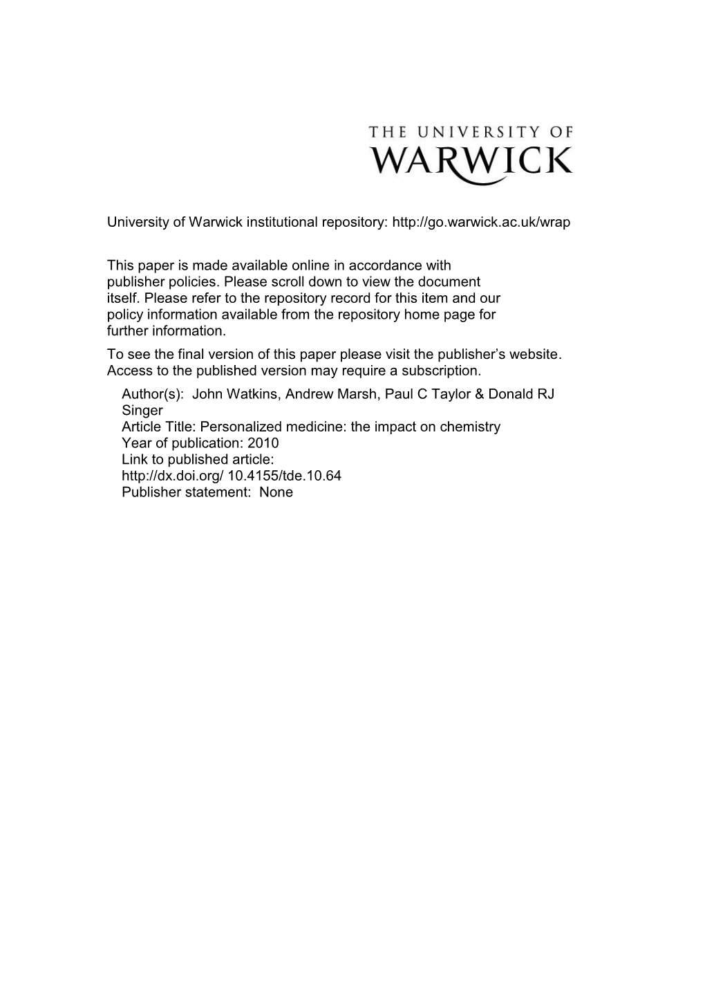 Personalised Medicine-The Impact on Chemistry 8Sep2010 Finalclean